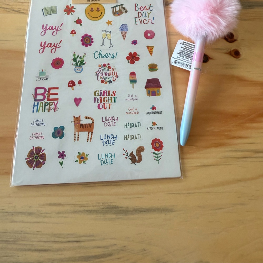 NATURAL LIFE Colorful Sticker Sheet and Pink Fluffy Pen